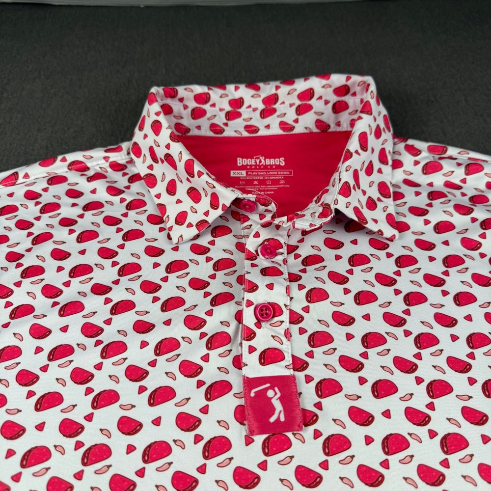 Bogey Bros Golf Co Mens XXL Taco Chili Pepper Print Performance Polo Shirt Pink - Picture 3 of 11